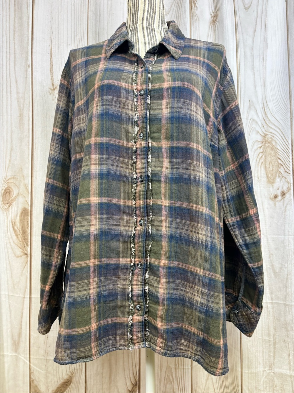 Lee Riders Plaid Flannel Button-Down Shirt Layering Earthy Frayed Trim Size 2X